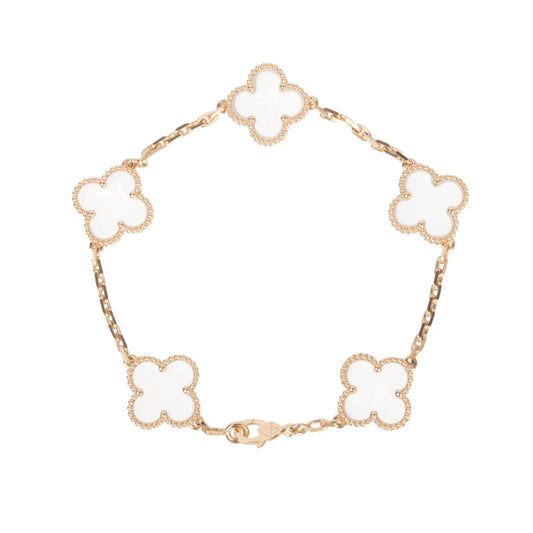 [LUXE] CLOVER 5 MOTIF ROCK CRYSTAL PINK GOLD BRACELET