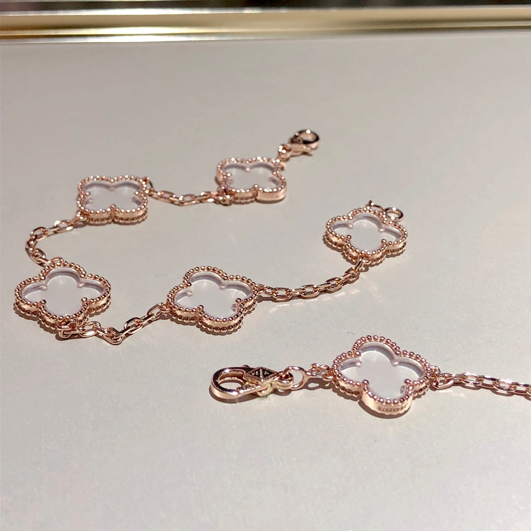 [LUXE] CLOVER 5 MOTIF ROCK CRYSTAL PINK GOLD BRACELET