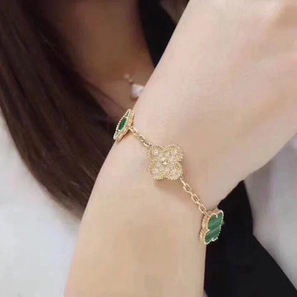 [LUXE] CLOVER  5 MOTIF MALACHITE DIAMOND BRACELET