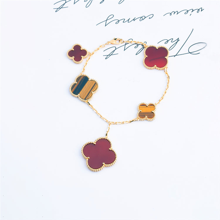 [LUXE] CLOVER BRACELET 5 MOTIFS CARNELIAN TIGER EYE