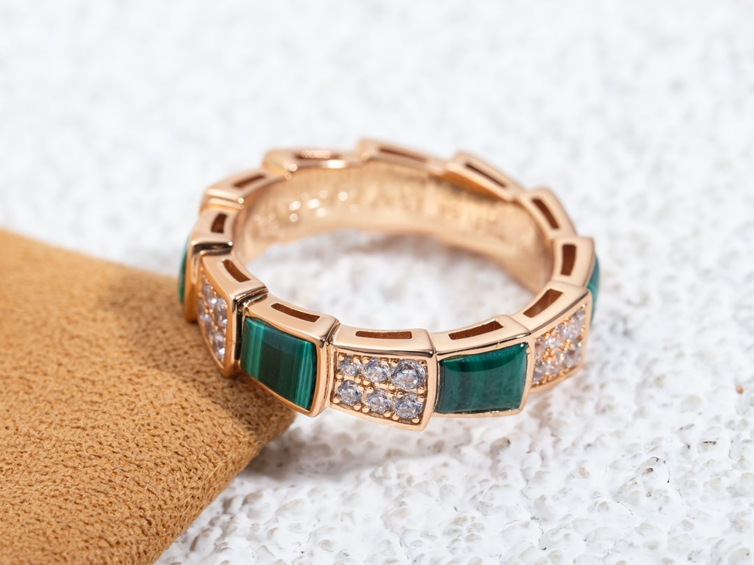 [LUXE]SERPENTI RING PINK GOLD MALACHITE DIAMOND PAVED 4MM