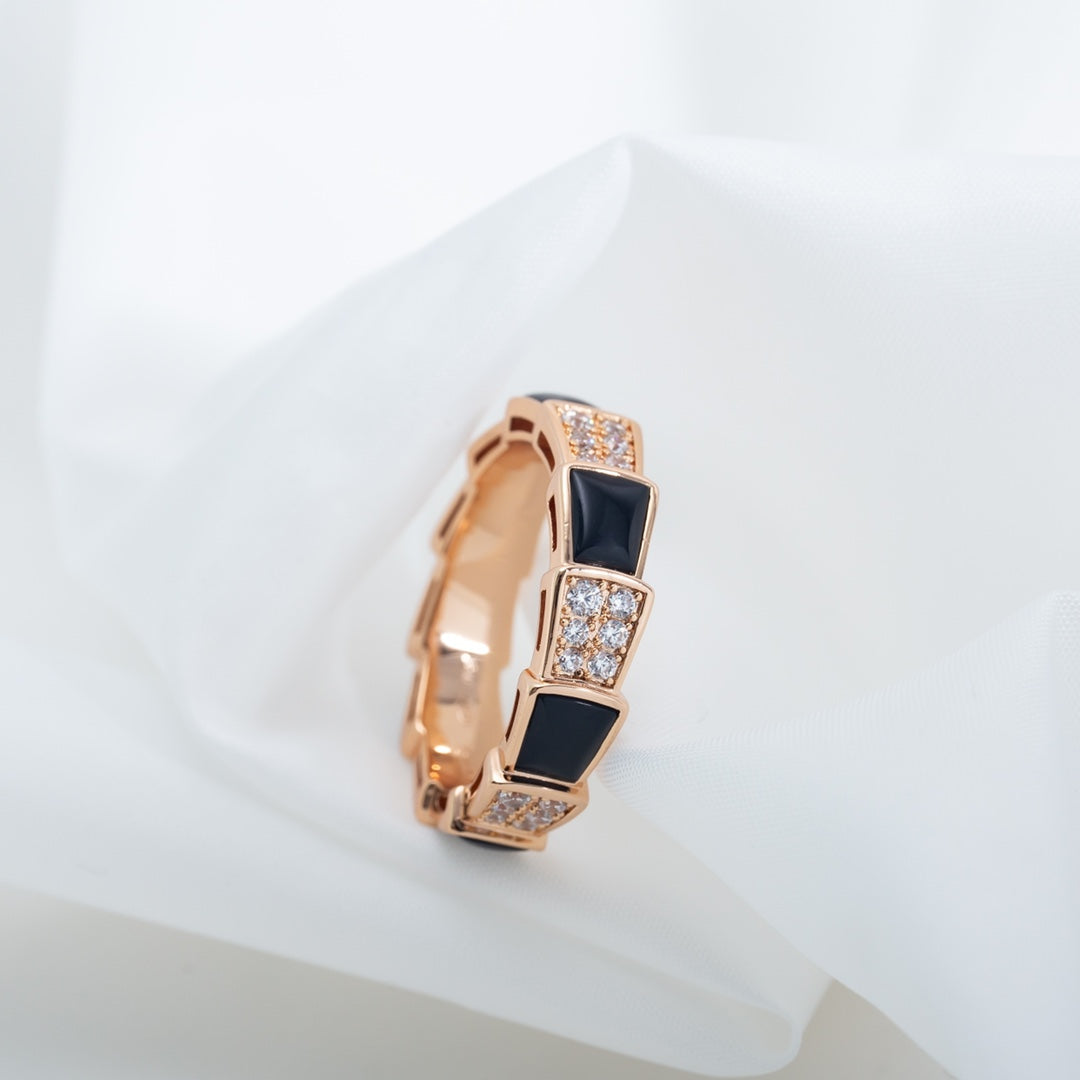 [LUXE]SERPENTI RING PINK GOLD BLACK MOP DIAMOND PAVED 4MM