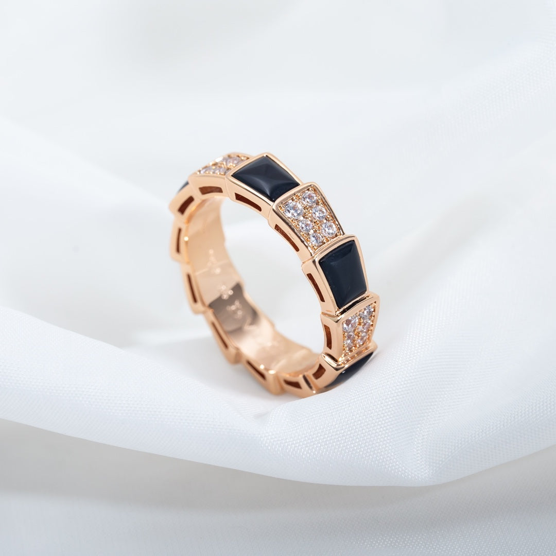 [LUXE]SERPENTI RING PINK GOLD BLACK MOP DIAMOND PAVED 4MM