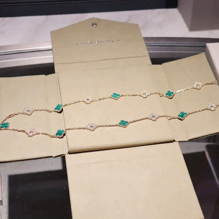 [LUXE] CLOVER 20 MOTIFS MALACHITE DIAMOND NECKLACE