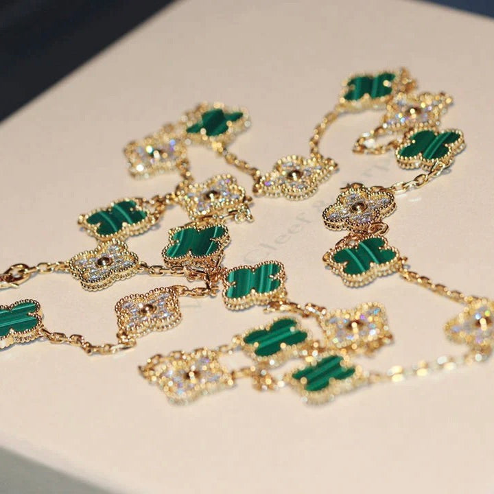 [LUXE] CLOVER 20 MOTIFS MALACHITE DIAMOND NECKLACE