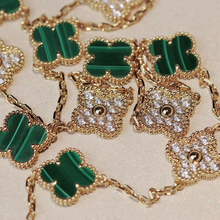 [LUXE] CLOVER 20 MOTIFS MALACHITE DIAMOND NECKLACE