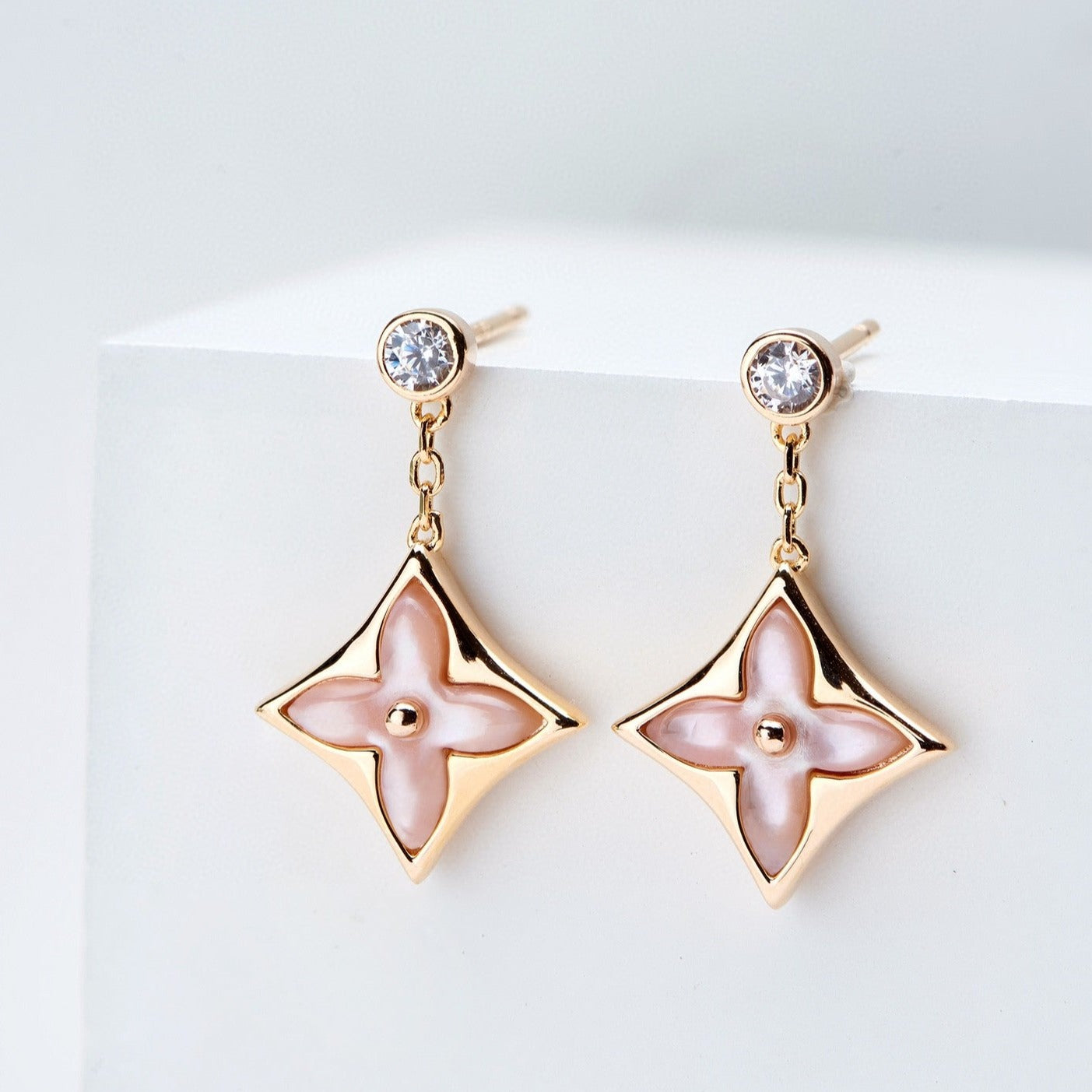 [LUXE]DOUBLE STAR PINK GOLD MOP DROP EARRINGS