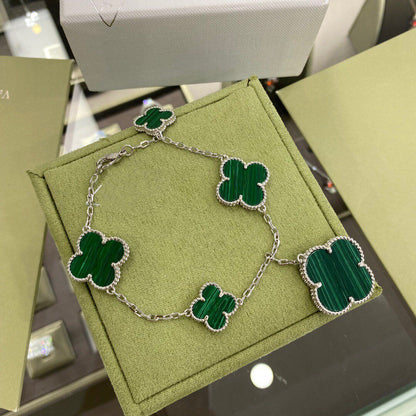 [LUXE] CLOVER 5 MOTIFS SIVLER MALACHITE BRACELET