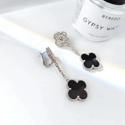 [LUXE] CLOVER 2 MOTIFS  DIAMOND ONYX EARRINGS SILVER