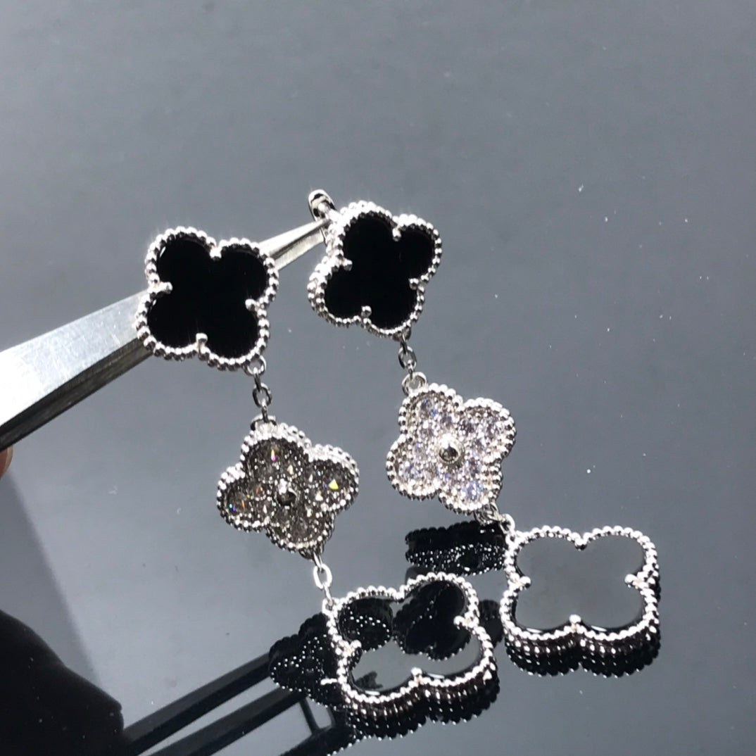 [LUXE] CLOVER 3 MOTIF DIAMOND ONYX SILVER EARRINGS