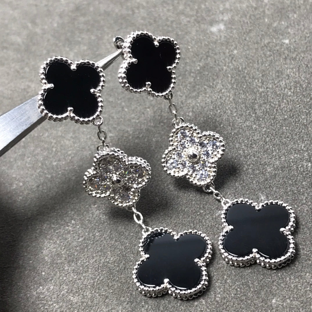 [LUXE] CLOVER 3 MOTIF DIAMOND ONYX SILVER EARRINGS