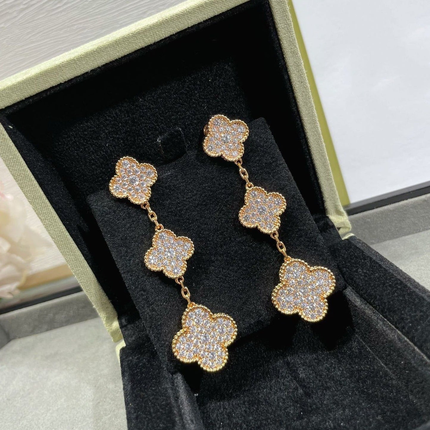 [LUXE] CLOVER 3 MOTIFS DIAMOND PAVED ROSE GOLD EARRINGS