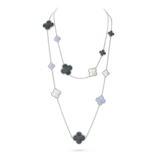 [LUXE] CLOVER 16 MOTIF CHALCEDONY MOP SILVER NECKLACE