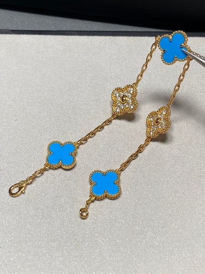 [LUXE] CLOVER 5 MOTIF BLUE CHALCEDONY DIAMOND GOLD BRACELET