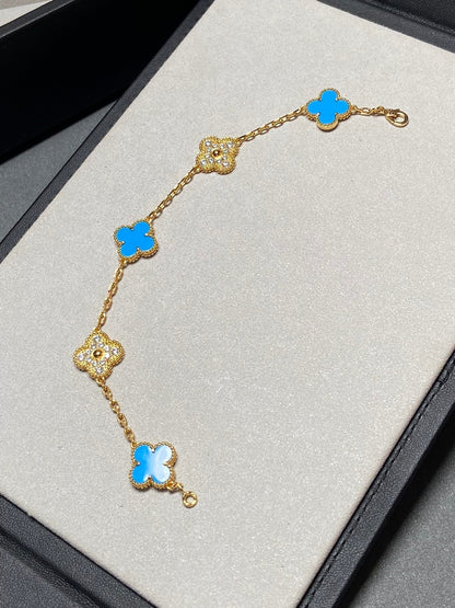 [LUXE] CLOVER 5 MOTIF BLUE CHALCEDONY DIAMOND GOLD BRACELET