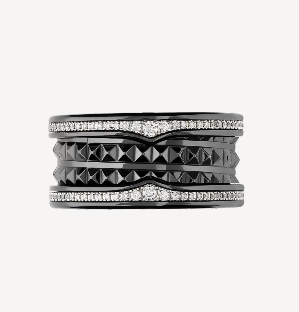 [LUXE]ZERO 1 ROCK FOUR-BAND BLACK CERAMIC WITH STUDDED SPIRAL AND PAVED DIAMONDS RING