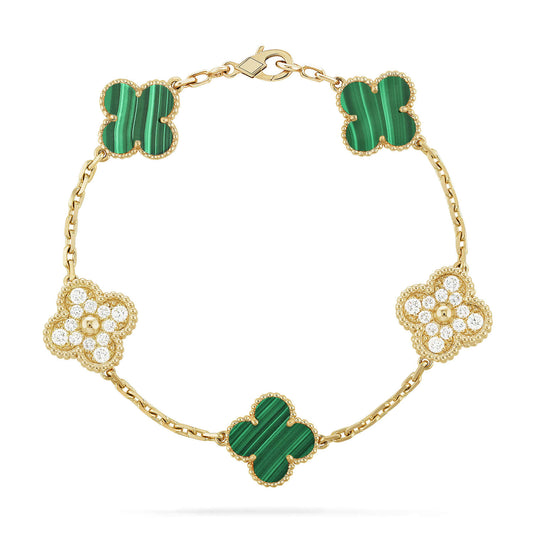 [LUXE] CLOVER  5 MOTIF MALACHITE DIAMOND BRACELET