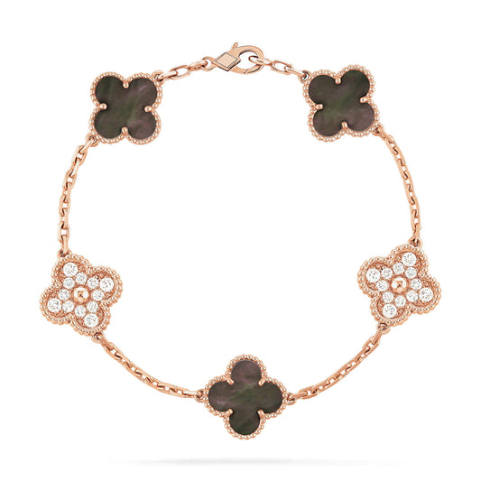 [LUXE] CLOVER 5 MOTIFS DARK MOP AND DIAMONDS PINK GOLD BRACELET