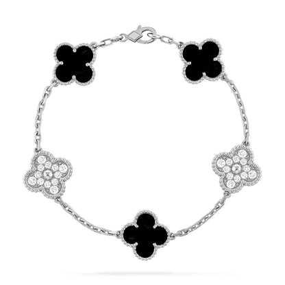 [LUXE] CLOVER 5 MOTIF ONYXS DIAMOND BRACELET SILVER