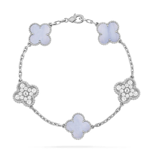 [LUXE] CLOVER  5 MOTIF DIAMOND PURPLE CHALCEDONY BRACELET SILVER