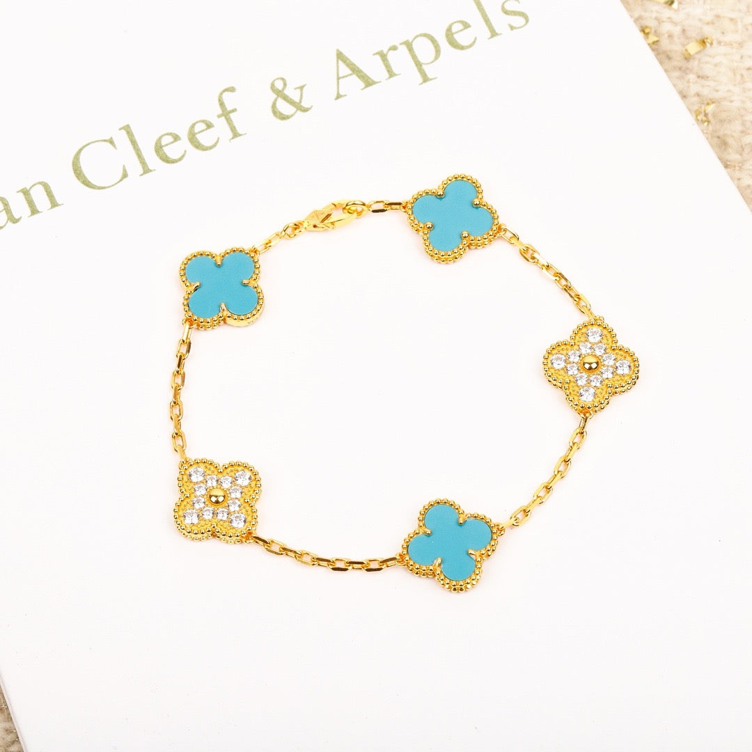 [LUXE] CLOVER 5 MOTIF TURQUOISE DIAMOND GOLD BRACELET