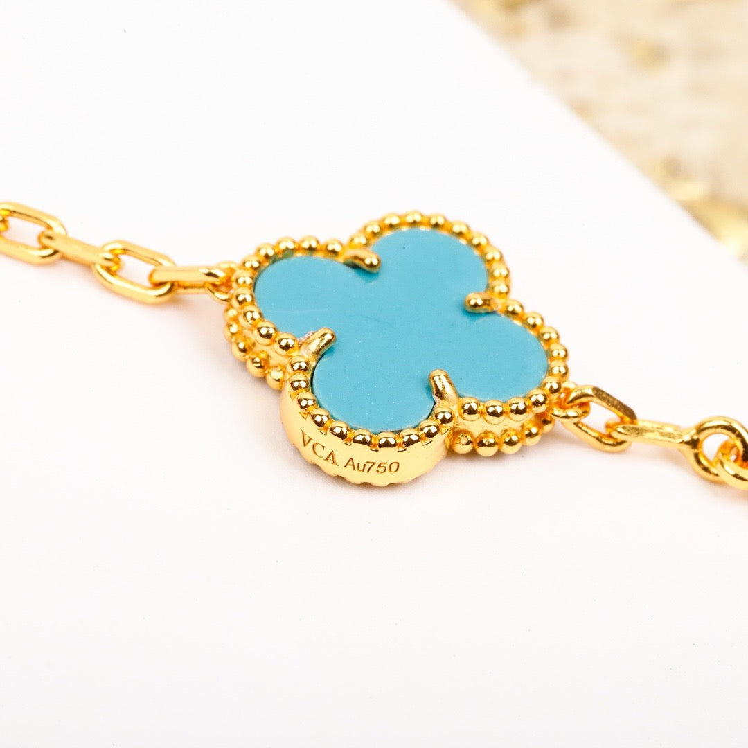 [LUXE] CLOVER 5 MOTIF TURQUOISE DIAMOND GOLD BRACELET