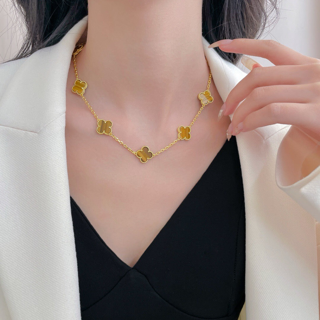 [LUXE] CLOVER 10 MOTIFS TIGER EYE NECKLACE