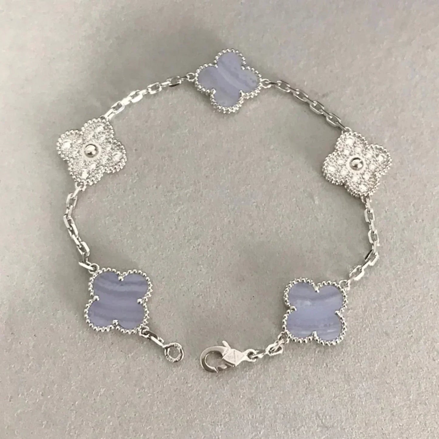 [LUXE] CLOVER  5 MOTIF DIAMOND PURPLE CHALCEDONY BRACELET SILVER