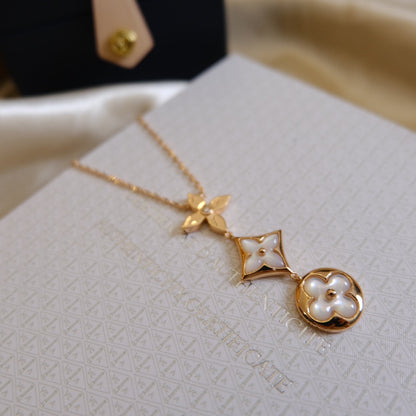 [LUXE]COLOR BLOSSOM LARIAT NECKLACE PINK GOLD WHITE MOTHER PEARL AND DIAMOND