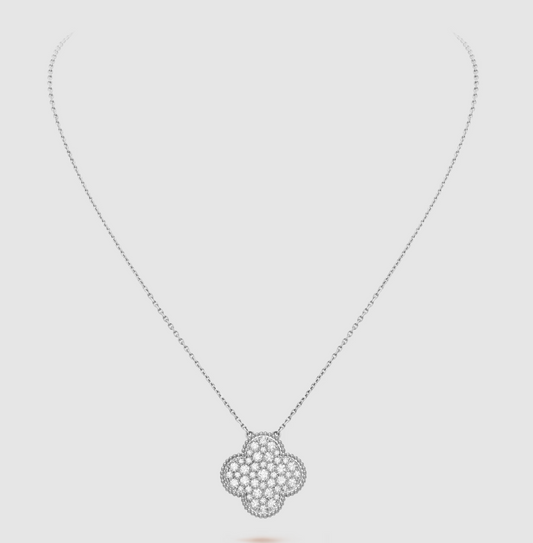 [LUXE] CLOVER 25MM LARGE PENDANT DIAMOND PAVED SILVER NECKLACE